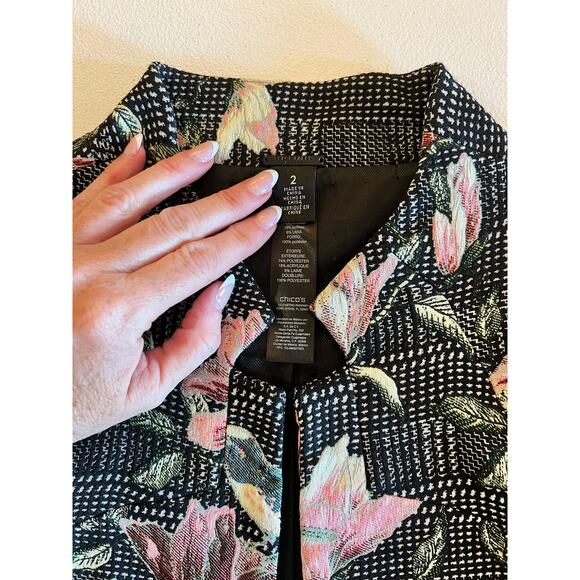 033 Chico's Black Label Women's Floral Birds Blazer Jacket Sz 2 Large 3/4 Sleeve - Picture 3 of 6